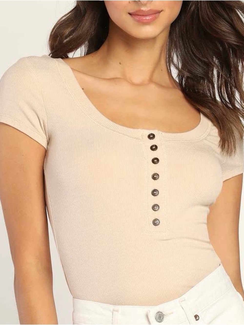 Lulu's Scoop Neck Ribbed Henley Crop Top - Beige